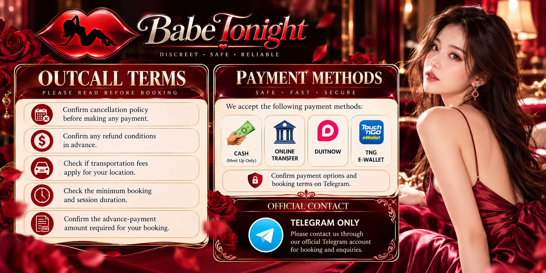 BabeTonight booking guide showing payment methods and outcall terms